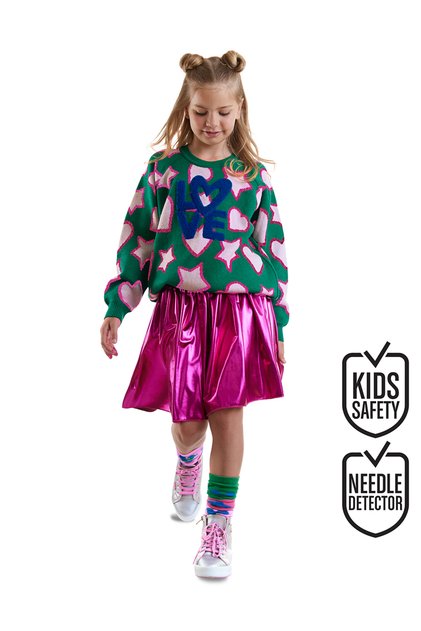 Girls' Winter Heart and Star Pattern Knitwear Green Long Sleeve Sweater 5-10 Years Old