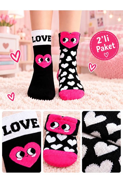 Girl's Heart Patterned Cotton Black 2-Pack Socks 4-11 Years
