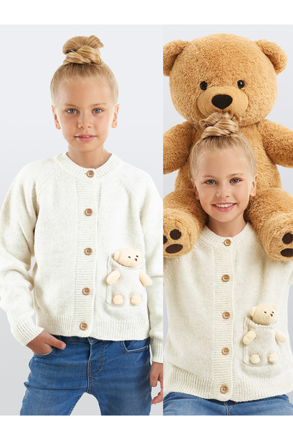Girl's Winter Knitwear Beige Toy-Colored Long Sleeve Cardigan 2-6 Years