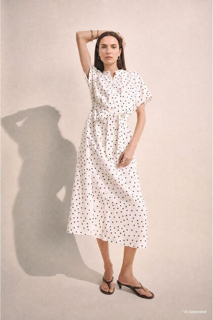 A-Line Slash Neck Polka Dot Batwing Sleeve Midi Dress H8735Ax26Au