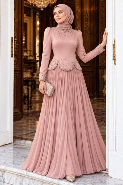 فستان سهرة إسلامي مزين بالخرز 55651PD