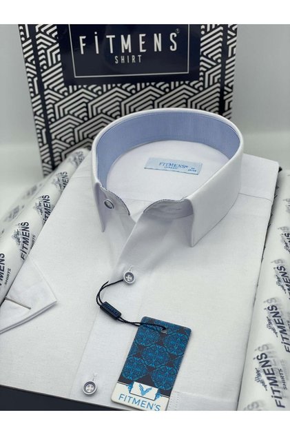 Classic Short Sleeve Linen Cotton Gift Boxed Men's Shirt Fs-003624 - White Light Blue