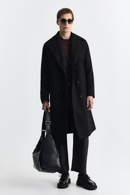 Black Double Breasted Closure Belt Trench Coat