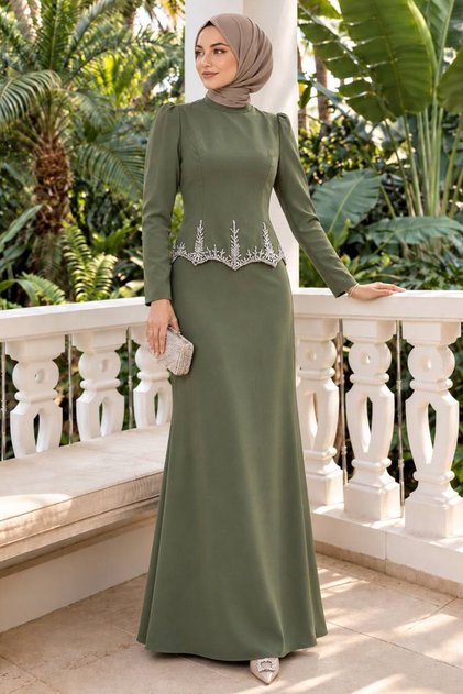 Perlenverziertes Khaki-Hijab-Abendkleid 54191HK
