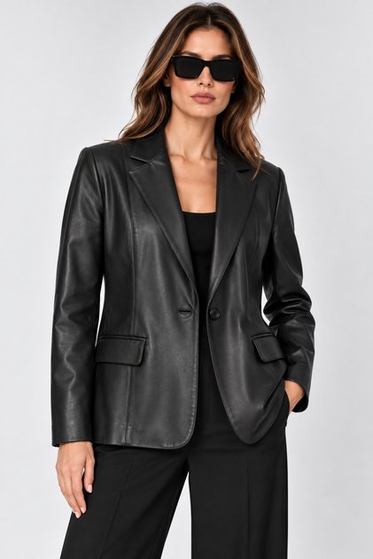 Kadın Tek Düğmeli Blazer Siyah Deri Ceket B2020