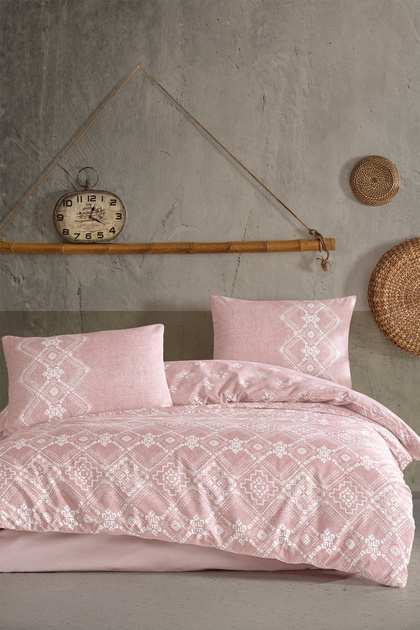 Felicity Fitted Duvet Cover Set Double Size 100% Natural Cotton Ranforce 4 Piece Powder