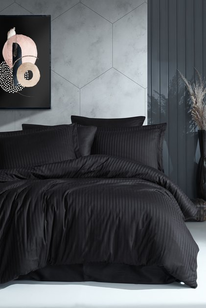 Line Duvet Cover Set Double Cotton Satin 6 Piece Black