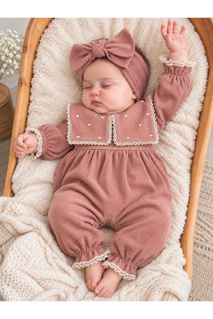 Maita Tulum Square Handkerchief Collar Heart Embroidered Waffle 100% Cotton Jumpsuit and Bandana Set