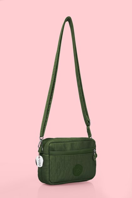 Women's Dark Khaki Cross Strap Three-Compartment Zippered Crinkle Daily Shoulder Bag