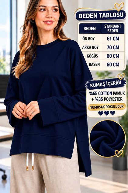 Tunic Blouse with Basic Side Slits and Detailing in Dark Blue