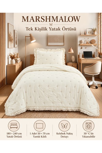 Marshmallow Ruffled Bedspread Set (Single / 180x240) BUTTERFLY PATTERN CREAM