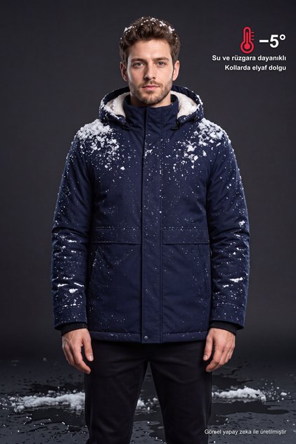 Men's Navy Blue Ribbed Coat with Fur Inside the Hood, Water and Wind Resistant