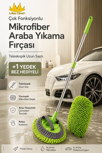 ( +1 YEDEK BEZ HEDİYELİ ) Çok Fonksiyonlu Mikrofiber Araba Yıkama Fırçası Teleskopik Uzun Saplı