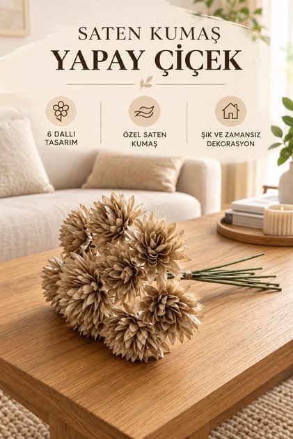Yapay Çiçek Top Krizantem 7’li Kar Topu Demeti 30 cm Bej