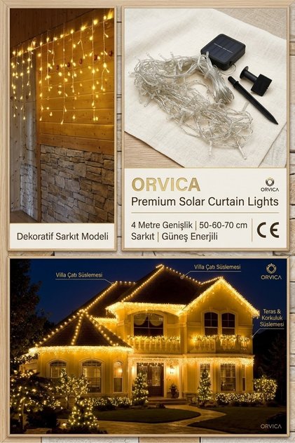 Solar Güneş Enerjili Yeni Nesil Perde Led Işık 4 Metre Genişlik 50x60x70 Saçak Gün Işığı Balkon Peyzaj Bahçe Saçaklı Led Işık