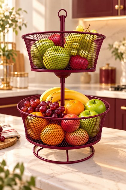 Nazen 2-Layer Fruit Bowl 🍒 Cherry Rot 🍒 Metal Fruit Bowl Vegetable Basket Metal Basket Multi-Purpose Box Bathroom Kitchen Organizer | | Decorative Fruit Basket 2-Tier Fruit Bowl Vegetable Bowl Modern Decorative Fruit Basket