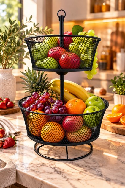 Nazen 2-Layer Black | | Metal Fruit Bowl Vegetable Basket Metal Basket Multi-Purpose Box Bathroom Kitchen Organizer | | Decorative Fruit Basket 2-Tier Fruit Bowl Vegetable Bowl Modern Decorative Fruit Basket Coffee Corner Kitchen