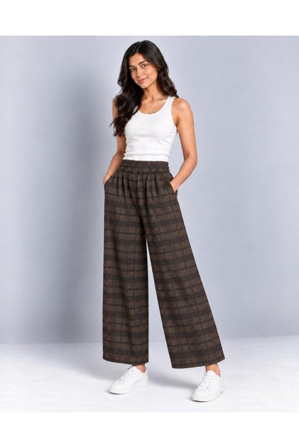 Women's Brown 8253 Gabardine Plaid Trousers with Elastic Waist