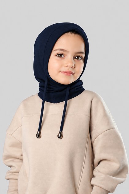 Navy Blue Youth Lace-Up Balaclava with Neck Warmer, Knitted, Plain, 2325_02.