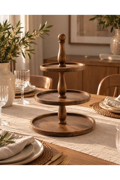 3-Tier Large Size Wooden Cake and Pastry Presentation Stand with Handles, Serving Presentation Plate, Candy Holder