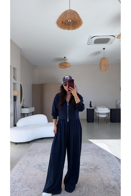 Navy Blue Modal Jacket and Sweatpants Set with Zipper
