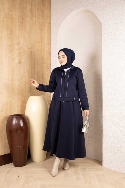 Women's Modest Set with a Midi Skirt and Zip Detail – Elegant Two-Piece Set with Stone Embellishments