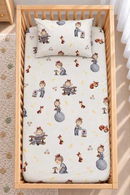 100% Cotton Fitted Sheet Set for Babies - Prince Pattern - 2 Baby Pillowcases - 60X120-70X110-70X120 - Suitable for Crib and Playpen.
