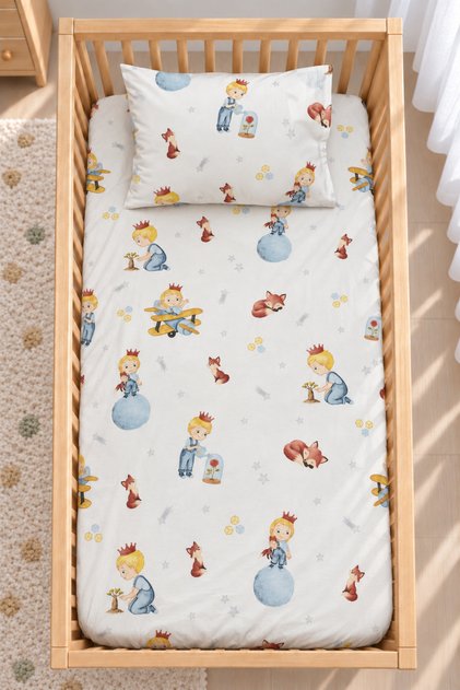 100% Cotton Fitted Sheet Set for Babies - Prince Pattern - 2 Baby Pillowcases - 60X120-70X110-70X120 - Suitable for Crib and Playpen.