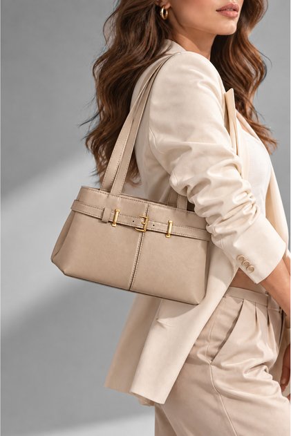 Women's Taupe Color Belt Detail Lined Zip Clutch Bag for Hands and Shoulders