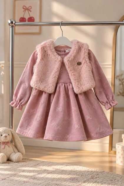 Girls' 2-Piece Set: Dress with Bow Detail and Embroidered Details in a Textured Nubuck Finish and a Plush Fur Vest