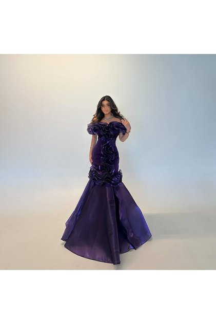 Luxury Purple Long Mermaid Evening Dress Ruffle Organza Ruched Prom Dress