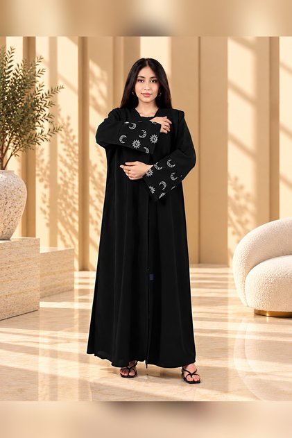 Black Linen Abaya with Crescent Embroidery on Sleeves with Veil