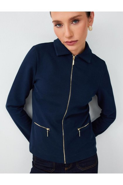 Navy Blue Jacket with Zip Detail, Shirt Collar, and Slim Fit