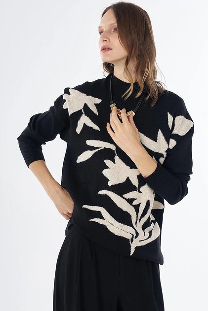 Leaf-Patterned Knit Tunic, Black