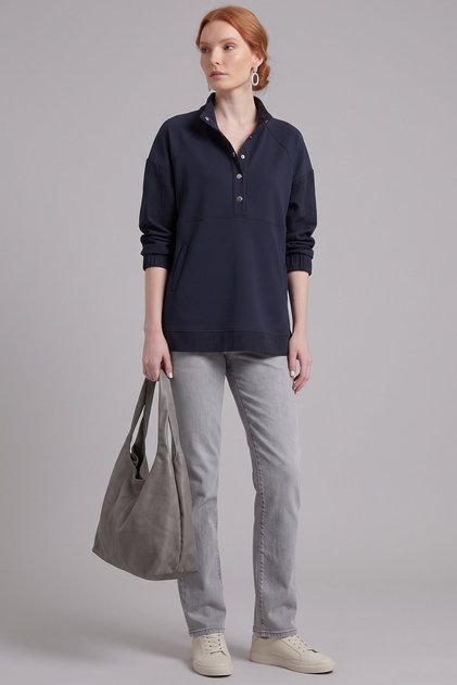 Snap Closure Sweatshirt, Navy Blue