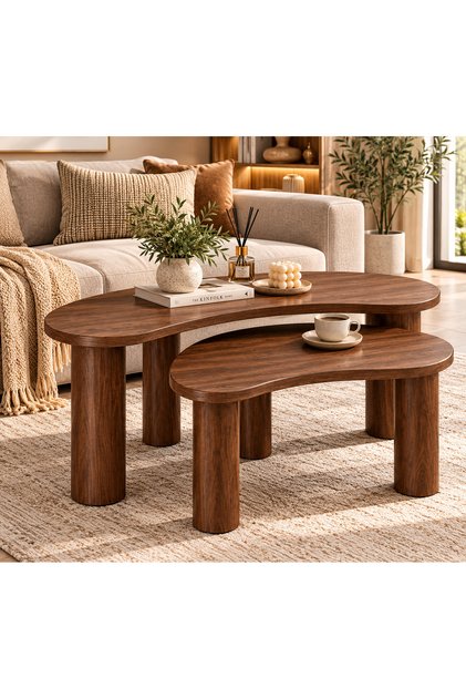 طقم طاولات قهوة مودرن متداخلة من قطعتين بتصميم منحني عصري فاخر وأسطح خشبية أنيقة وأرجل أسطوانية، طاولات وسط وضيافة متعددة الاستخدامات لغرف المعيشة والصالات والمجالس