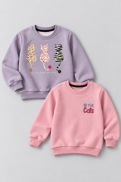 Girls' 2-Pack Winter Sweatshirt with Cat Print and Embroidery