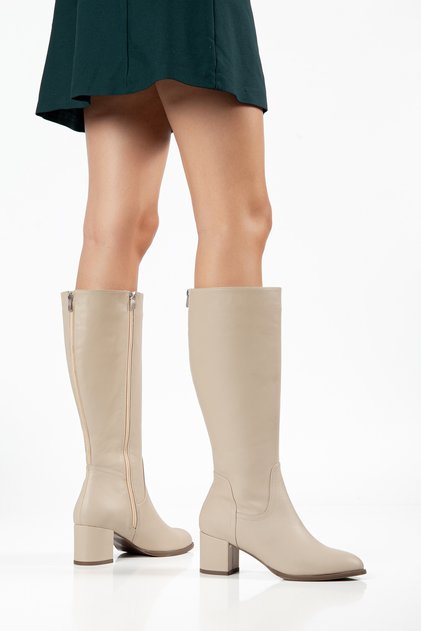 Women's Genuine Leather Ankle Boots with Adjustable Back Zipper and Heel - Beige.