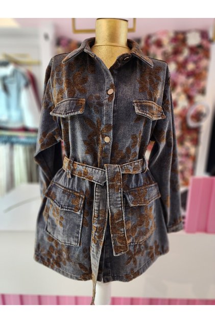 kadın lacivert belden bağlamalı desenli denim ceket