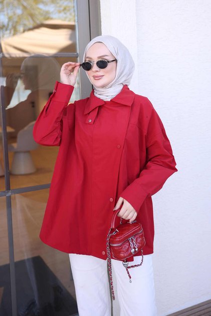 Oversized Jacket with Red Zipper and Snap Buttons