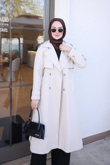 Beige Double Breasted Collar Belted Trench Coat