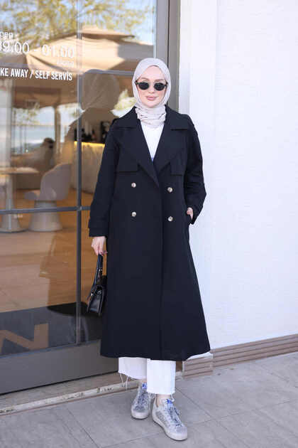 Black Double Breasted Collar Belted Trench Coat
