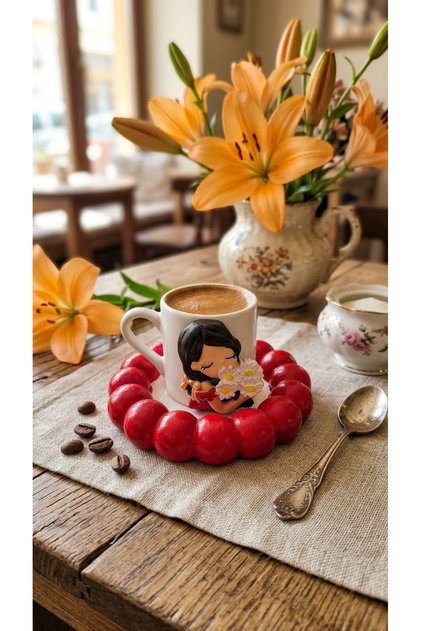 Custom-Designed Cup Set Featuring a Girl Holding a Daisy Bouquet - Red Embossed Serving Plate