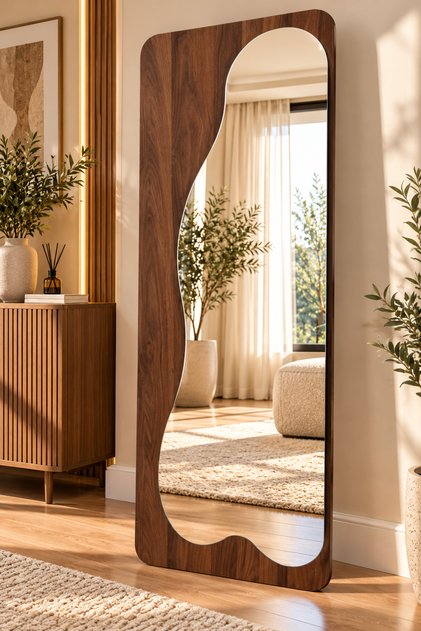مرآة أرضية طويلة فاخرة من بتصميم هندسي غير منتظم وحواف داخلية متموجة، إطار خشبي مع مسند معدني، مرآة كاملة للجسم لغرف النوم والصالات والمداخل، أسود وبني، مقاس 165 × 55 سم،