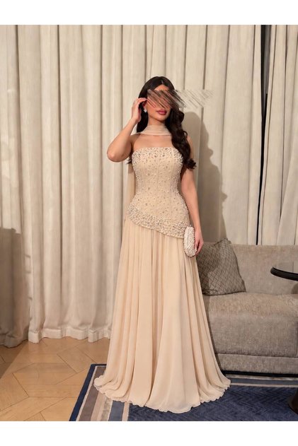 Champagne Long Evening Dress with Pearl and Crystal Corset