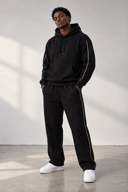 Black Baggy Hooded Sweatshirt with Thin Piped Detail and Matching Sweatpants Set