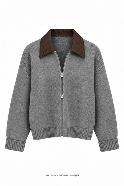 Coffee-Colored Sweater with a Collar, Gray