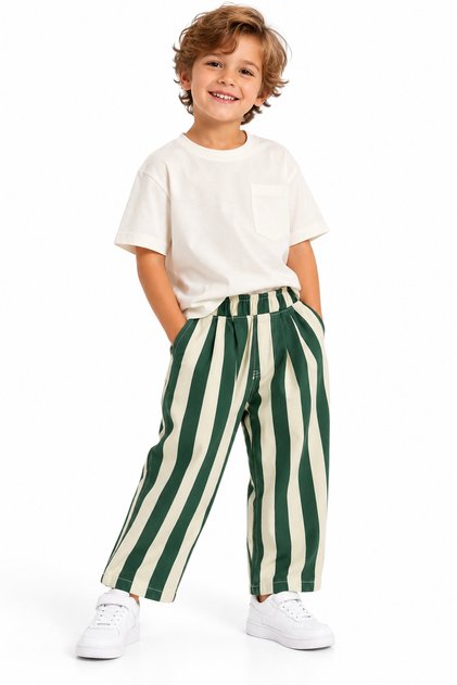 Kids' Khaki, Green, and Ecru Striped Pants | Loose Fit, Elastic-Waist Casual Pants