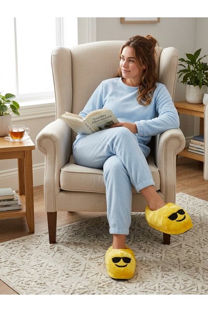GLASSES EMOJI DESIGN SOFT PLUSH HOUSE SLIPPERS WITH NON-SLIP SOLES—COMFORTABLE HOUSE SLIPPERS