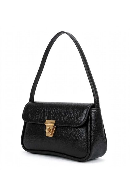 Women's Black Vintage-Textured Gold-Locked Baguette Shoulder Bag—Trendy Bag with Thin Straps, Chic Everyday Bag